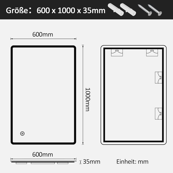 LED дзеркало для ванної кімнати Boromal 100x60 см з підсвічуванням, 3 колір світла, регулювання яскравості, сенсорне керування