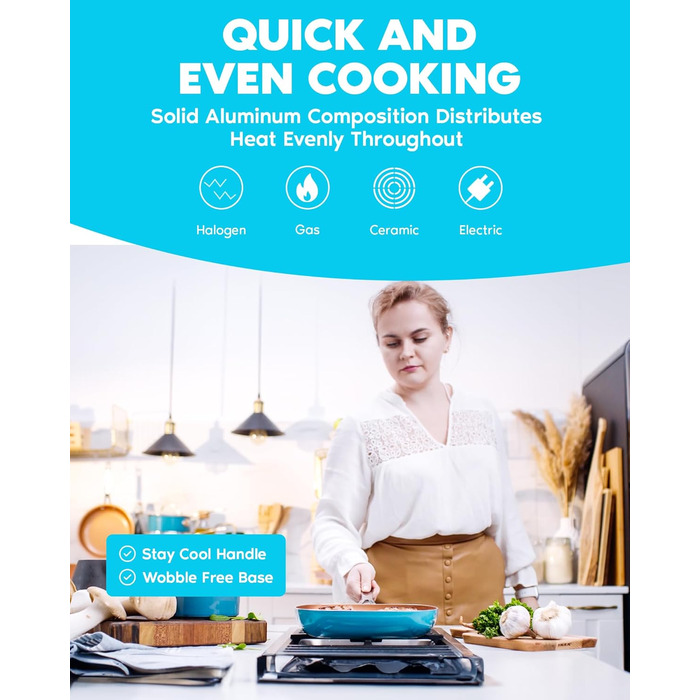 Набір кухонного посуду Gotham Steel з антипригарним покриттям, керамічно-мідним покриттям - сковорідки, каструлі, глибокий квадратний кошик для смаження, блакитний