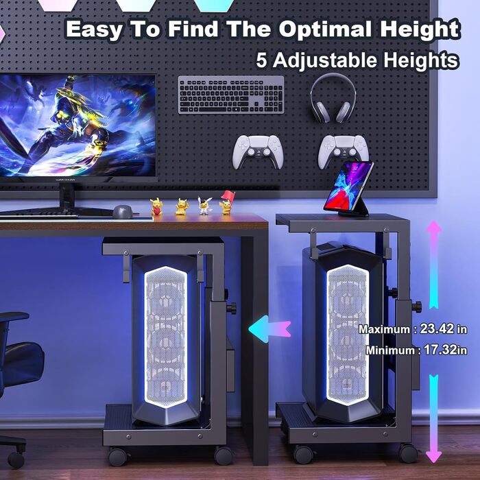 Регульована підставка для комп'ютера Tower, чорна, 44x30x44-59.5 см з ATX корпусом та місцем для зберігання