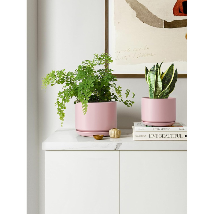 Набір горщиків для квітів LE TAUCI (3 шт.) з кераміки, діаметр 11, 13, 17 см, з підставками та дренажними отворами, реактивна глазур, бежево-рожевий