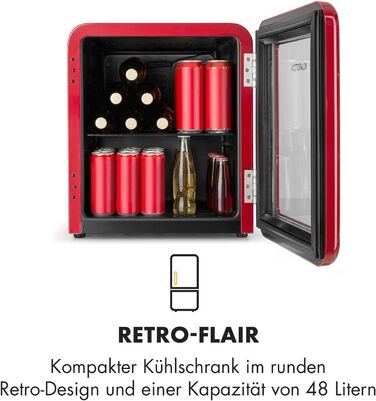 Міні-холодильник Klarstein PopLife Retro, 48 л, 0-10C, тихий, екологічний, червоні скляні дверцята