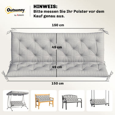 Набір подушок для лавки на 3 особи, 150x98x8 см, з зав'язками, подушки для садово-патіо меблів, гойдалки Голлівуд, світло-сірий