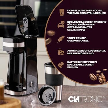 Кавоварка Clatronic з кухлем Coffee To Go 400 мл Підходить для всіх поширених підстаканників (наприклад, автомобільних) Кавоварка з фільтром з кухлем з нержавіючої сталі та кришкою для аромату Кавоварка мала KA 3733 Classic