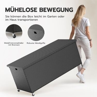 Водонепроникний садовий ящик Amopatio Gartenbox 480л з поліротангу, металевий ящик для подушок на колесах з газліфтом, чорний