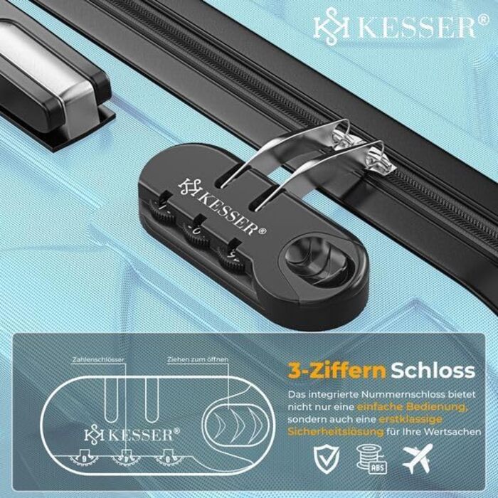 Чемодан KESSER® 84L з ABS-пластику з кодовим замком, вагами та аксесуарами для подорожей | Валіза на колесах для бізнесу та відпочинку, блакитний, 66 см