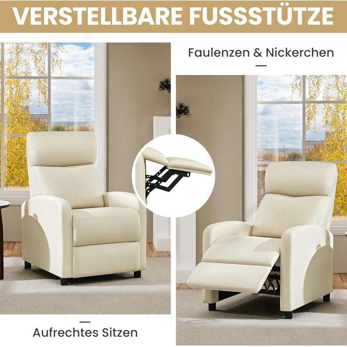 Крісло-релакс Yaheetech з регульованою підніжкою, крісло для телевізора, диван-крісло, крісло для відпочинку (Бежеве, штучна шкіра)