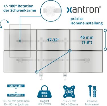 Кріплення для монітора Xantron® ECO-E62: підходить для моніторів 17-32 дюймів, VESA 75x75 & 100x100, для плоских та вигнутих моніторів, комплект з монтажним матеріалом (6 моніторів)