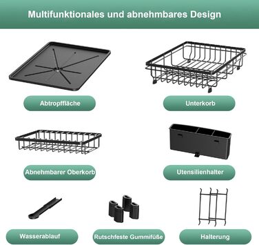 Сушарка для посуду ROTTOGOON розширювана, 2-ярусна, чорна: нержавіюча сталь, з висувним носиком та відділенням для столових приборів