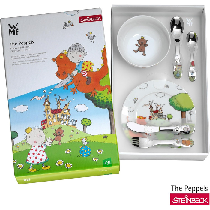 Набір дитячого посуду WMF Peppels 6-piece, нержавіюча сталь, від 3 років, Cromargan, придатний для миття в посудомийній машині