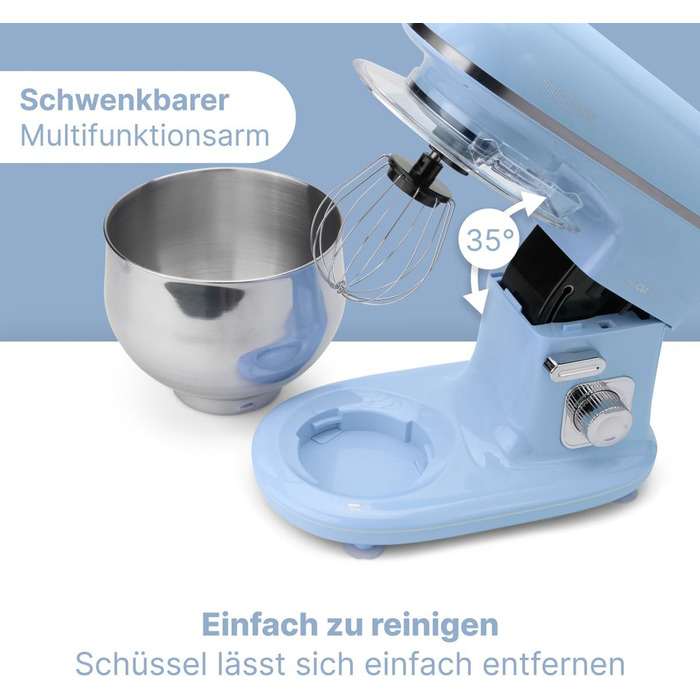 Кухонна машина Clatronic KM 3711 (Блакитна) 1100 Вт, 5л, з гаками для тіста та міксером | Кухонний комбайн для тіста та міксера