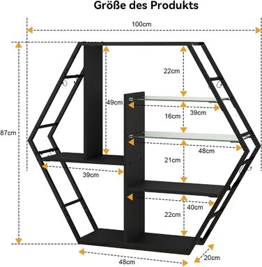 Підвісні полиці YU YUSING з RGB підсвічуванням (7 кольорів), з 8 гачками, для ігор, декору, спальні, кухні, бару, ігрової кімнати, гексагональної форми, 100x20x87 см