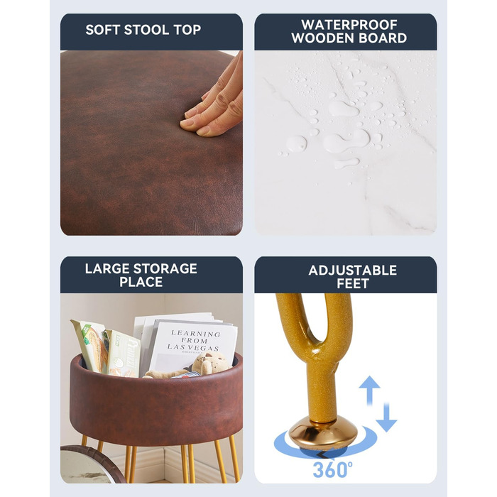 Пуф-табуретка з велюру IBUYKE, кругла, з металевими ніжками, коричневий, для дому