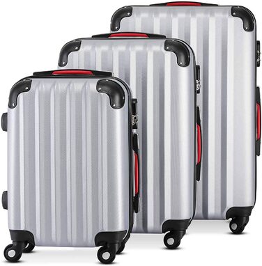 Набір валіз з 3-х частин Базовий жорсткий корпус валізи M-L-XL гелеві ручки 4 колеса захист країв замок ніжки візок валіза на колесах валіза для подорожей сріблястий