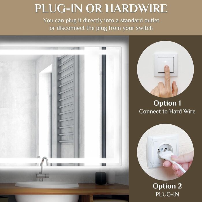 Дзеркало для ванної кімнати з підсвіткою 80x60 см, LED дзеркало з 3 кольорами світла, регульована яскравість, захисне скло, сенсорне управління, функція пам'яті, запобігання запотіванню, 60L x 80B cm