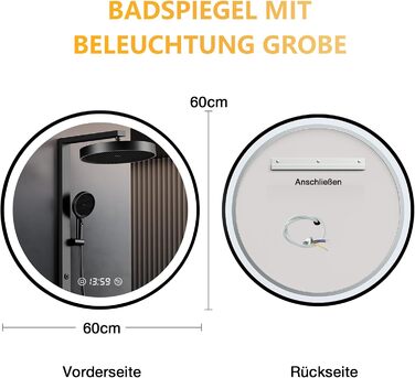 Дзеркало кругле PESENXAN 70см з чорною рамою та підсвічуванням. Антизапарник, диммер, 3 кольори світла, LED, енергозбереження, сенсорна кнопка, функція пам'яті. 60x60 см