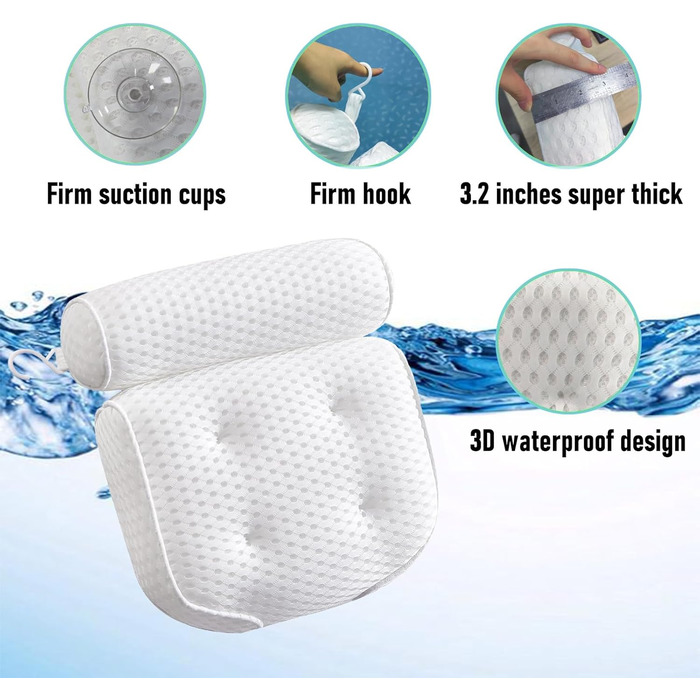 Подушка для ванни з піни Memory Foam, біла, з присосками, 4D вентиляція, 6 присосок, для шиї та спини