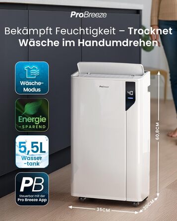Електричний осушувач повітря Pro Breeze 20L - для приміщень до 35м², з функцією сушіння білизни, датчиком вологості, таймером та фільтром. Захист від плісняви. Керування через додаток.