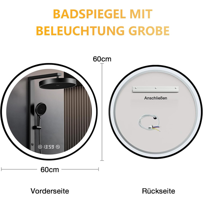 Дзеркало кругле PESENXAN 70см з чорною рамою та підсвічуванням. Антизапарник, диммер, 3 кольори світла, LED, енергозбереження, сенсорна кнопка, функція пам'яті. 60x60 см
