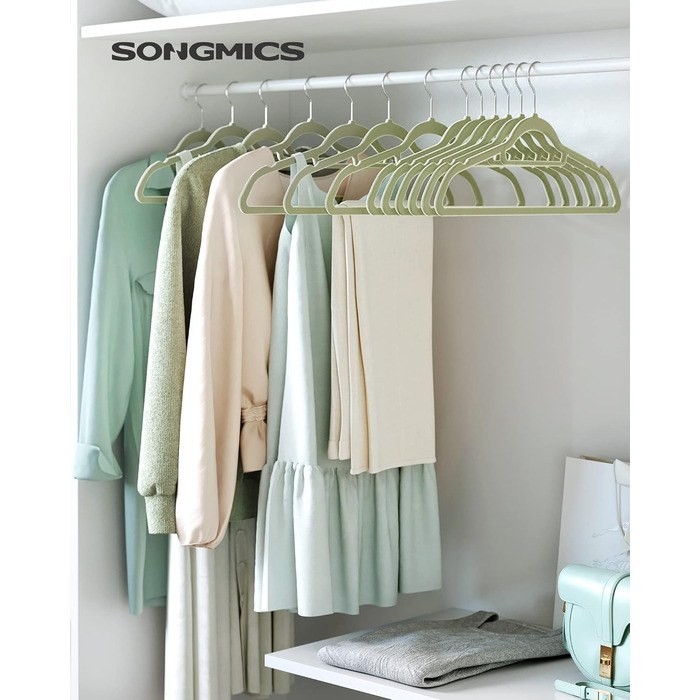 Плечики SONGMICS для одягу, велюрові, 20 шт., антиковзаючі, для краваток, 360° обертання, 0,6 см, економія місця, 43,5 см, для пальто, штанів, срібно-світло-зелені