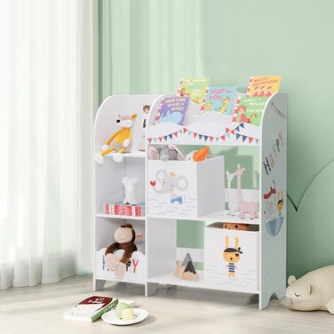 Дитяча полиця SOARS, органайзер для іграшок з 2 ящиками для зберігання, 5 відділеннями та 2 відкритими полицями, полиця для іграшок, книжкова шафа, полиця біла дитяча, спальня (Animal Pirates)