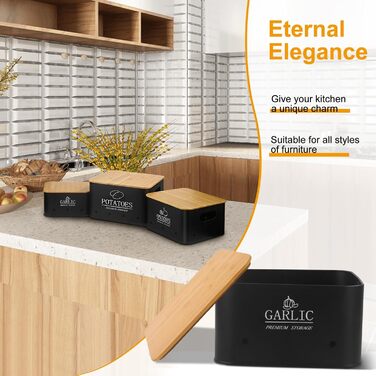 Набір контейнерів для зберігання картоплі, цибулі та часнику (3 шт.) з бамбуковим кришками - зберігає овочі свіжими. Чорний колір