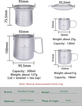 Титановий чайник iBasingo об'ємом 500 мл, чайник з фільтром і кришкою, одношарова кавова кружка, набір для кемпінгу, портативний легкий похідний посуд для пиття Ti3125D (Набір чашок Ti3127d об'ємом 500 мл з чашками 120 мл і 180 мл)
