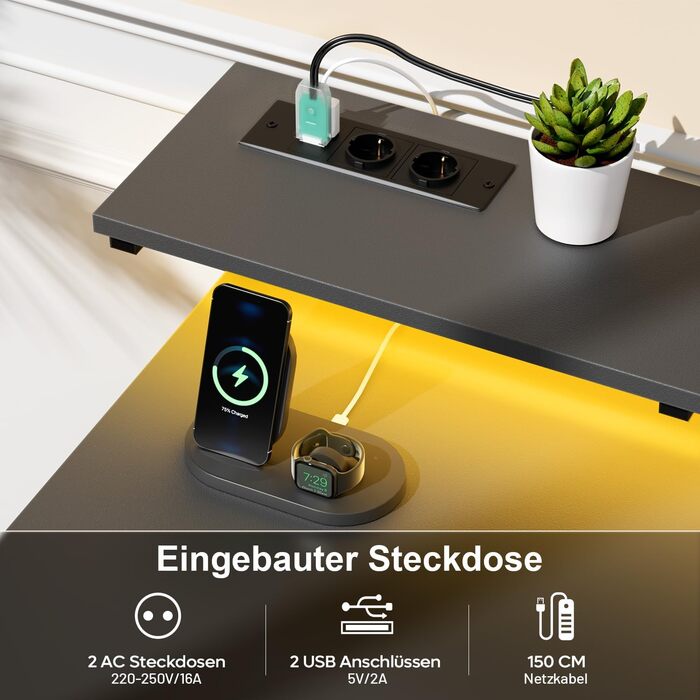 Комп'ютерний стіл з 8 висувними ящиками, 2 розетками, USB-портами, LED-підсвічуванням та підставкою для монітора, 120 x 50 x 74 см (сірий)