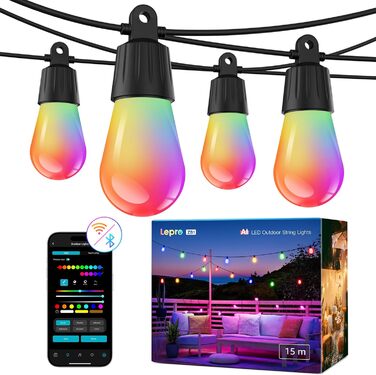 Lepro ЗБ1 AI LED Гірлянда Зовнішня RGB+Тепле Біле, Розумні LED S14, Wi-Fi, Керування через App, Alexa & Google, IP65, AI-Дизайнер Освітлення, 30 LED (15м)