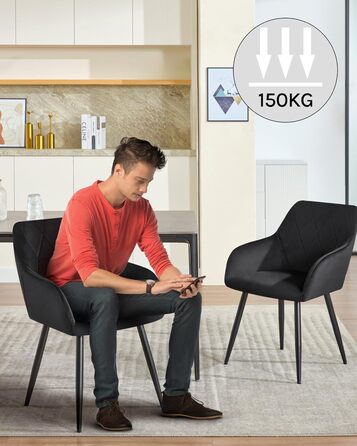 Набір обідніх стільців Woltu з підлокітниками та спинкою, для кухні, вітальні, їдальні, м'який оксамитовий чохол, металеві ніжки (Чорний, 8 шт.)