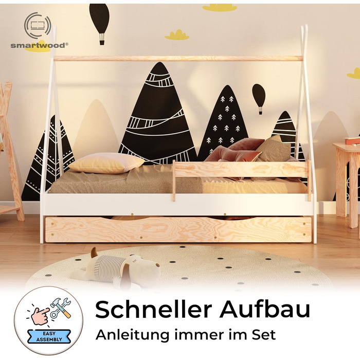 Ліжко-платформа Smartwood Hausbett для дітей Montessori Tipi F з сосни з сертифікатом FSC, захист від падіння, ламелі до 230 кг, для хлопчиків та дівчаток, проста збірка (60x120, білий) з ящиком