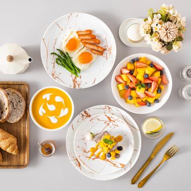 LOVECASA Сервіз столовий порцеляновий Daphne SWEET, 24-частинний набір, 6 персон. Сервіз з золотим декором: тарілки для їжі, десертні тарілки, миски для каші та супові тарілки.