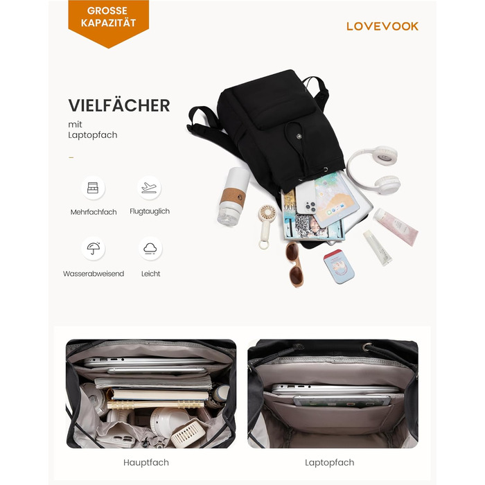 LOVEVOOK Рюкзак для жінок, 15.6 дюймів, рюкзак для школи, підлітки, водонепроникний, дівчатка, легкий, з відділенням для ноутбука, для подорожей, роботи, університету, повсякденного використання (17.3 дюйма, Чорний)