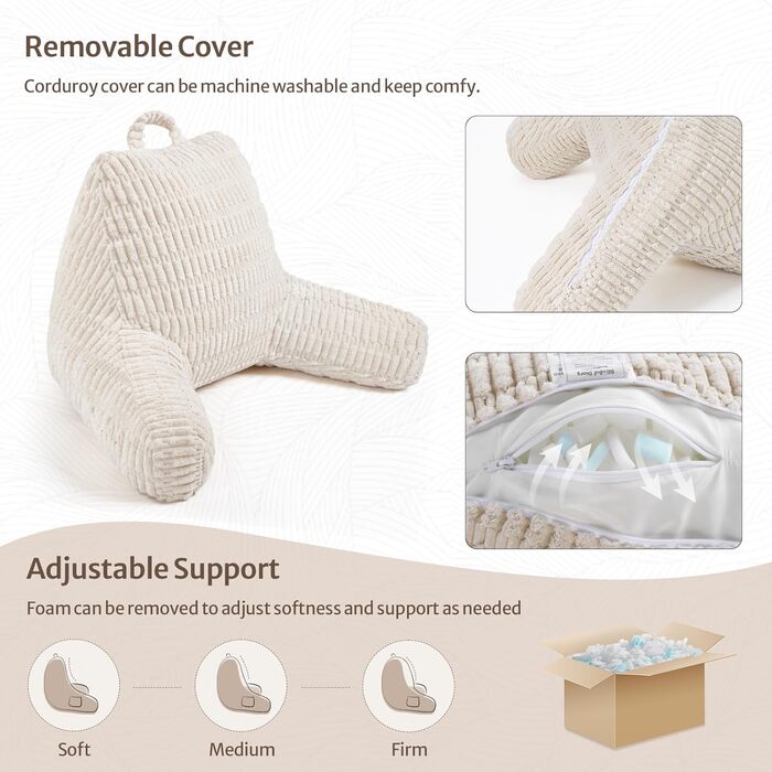 М'яке крісло-лежак Blissful Diary для дорослих та дітей, з memory foam, для ліжка та дивану, з підлокітниками, кишенею та знімним чохлом, кремовий