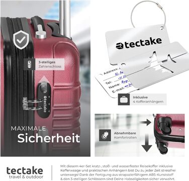 Набір валіз Tectake 4шт з ABS пластику, S-M-L-XL, з роликами, телескопічним ручками та замками, з ваговою шалькою та аксесуарами для валіз (Вишневий)