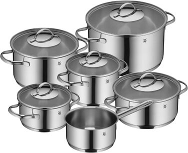 Набір каструль WMF Aparto Induktion 6-teilig з нержавіючої сталі Cromargan, з кришкою з термостійкого скла, без антипригарного покриття, придатний для індукційних плит та посудомийної машини