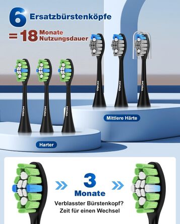 Електрична звукова зубна щітка, 45000 VPM, відбілювання за 1 тиждень, 120 днів роботи від акумулятора, індикатор заряду, 6 насадок DuPont, 5 режимів, таймер, чорна