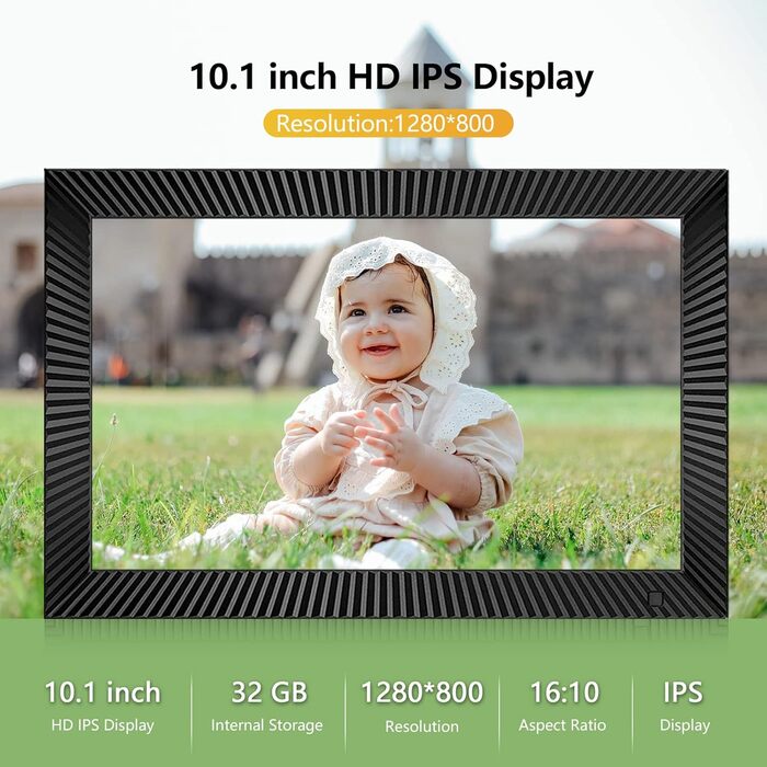 Цифровий фоторамка Frameo 10.1 дюймів з Wi-Fi, датчиком руху, 32GB пам'яті та сенсорним екраном