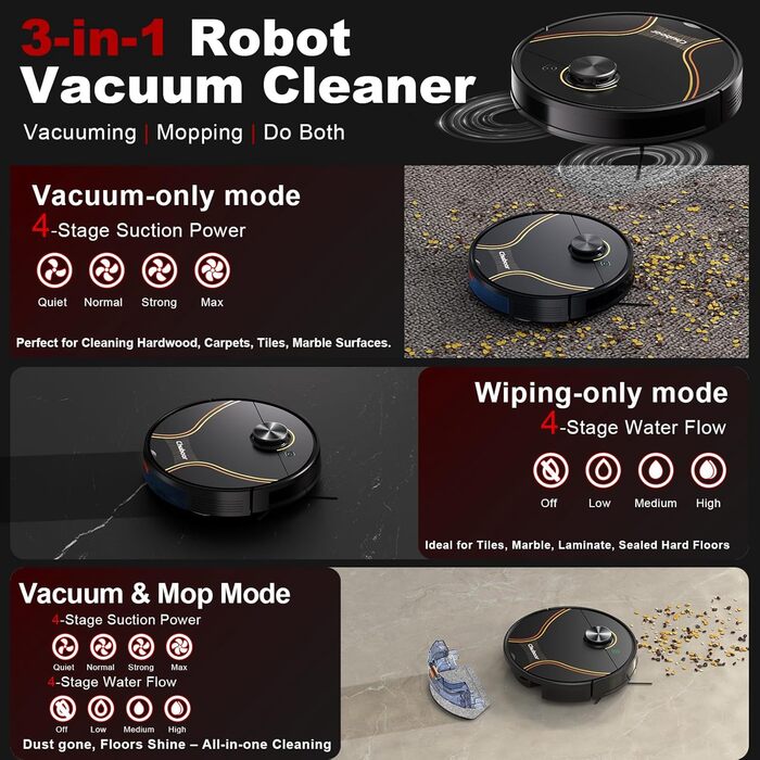 Робот-пилосос Chuboor з функцією миття 3 в 1, 6500Pa, LiDAR навігація, керування через додаток/WiFi/Alexa, автозарядка, 150 хв роботи, для шерсті тварин, килимів та твердих підлог, чорний