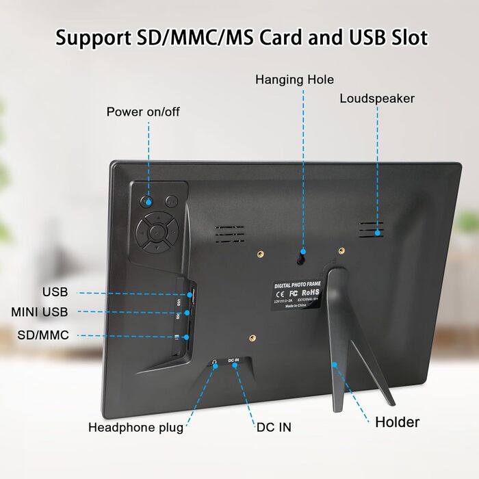 Цифровий фоторамка TSITSC 8.7 дюйма, IPS-дисплей 1024*768, календар, музика, фото- та відеоплеєр, підтримка USB/SD, з пультом ДУ (Чорний)