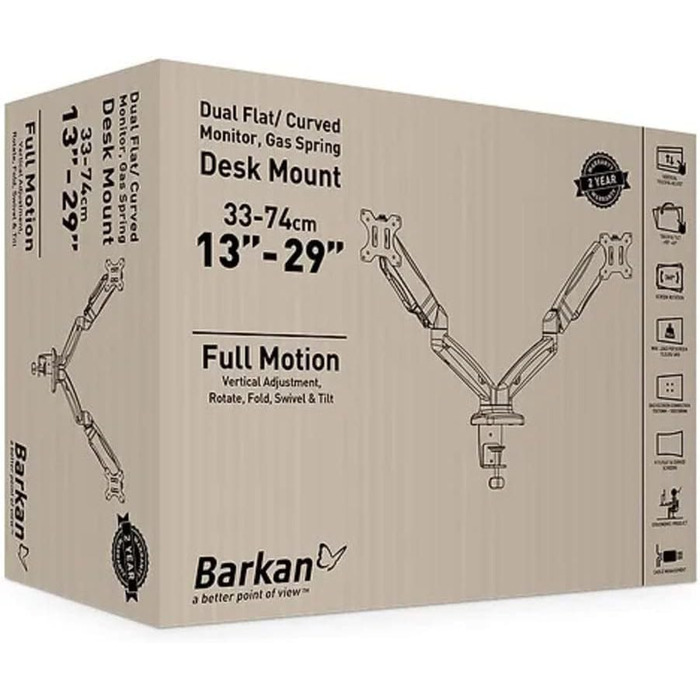 Кріплення для монітора Barkan 13-34 дюйми, регульоване, для столу, LED/LCD, витримує до 6 кг, газ-амортизатор, подвійний кріплення