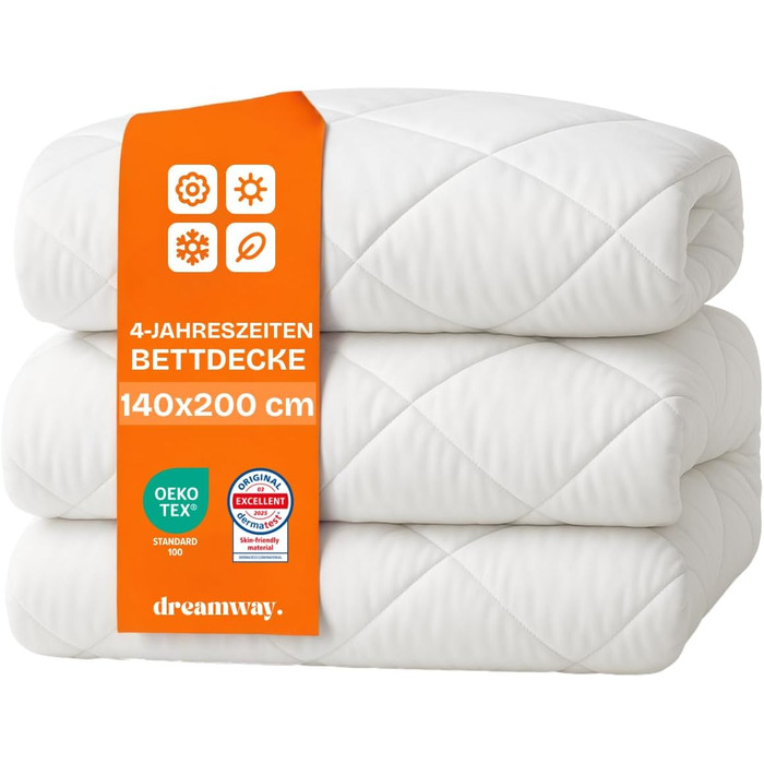Комплект ковдр DREAMWAY 155x220 см (4 сезони) 2 шт. з ковдрою на всі сезони 155x220 см (300 г/м²) + літня ковдра 155 x 220 (150 г/м²) - комплект двоспальних ковдр на ґудзиках для чотирьох сезонів/літа/зими, білий (140x200 см)