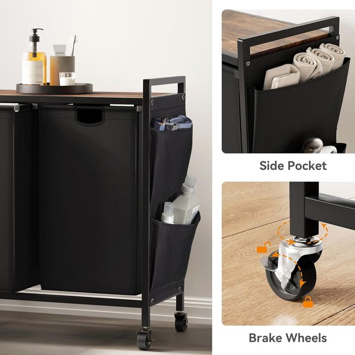 WOWLIVE Подвійний кошик для білизни з кришкою, на коліщатках, з металу, сортувальник для білизни з верхньою полицею та 2 знімними мішками, великий органайзер для одягу, (165л, Чорний)