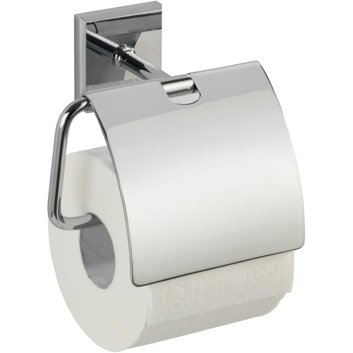 Тримач для туалетного паперу WENKO Power-Loc з кришкою Laceno - тримач рулону паперу, кріплення без свердління, пластик (ABS), 14,7 x 13,5 x 8 см, хром