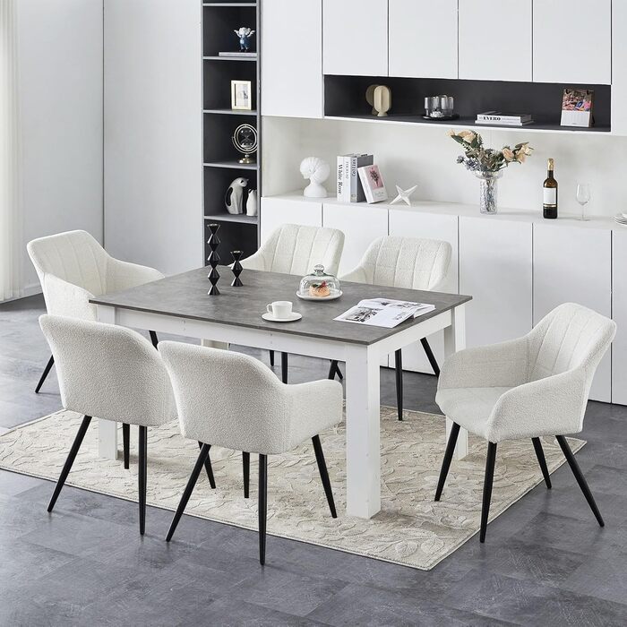 Крісла для їдальні CLIPOP з підлокітниками, штучна шкіра, для кухні, вітальні (набір 6 шт., Boucl&eacute; Небесно-білий)