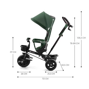 Триколісний велосипед Kinderkraft AVEO для дітей від 9 місяців до 25 кг, з батьківською ручкою, компактно складається, обертовий сидіння, розкладний козирок з захистом від сонця, тримач для напоїв, кошик в комплекті, зелений