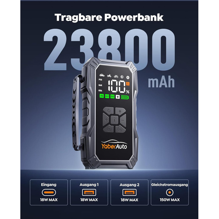 Портативний пусковий пристрій YaberAuto з компресором, 150 PSI, 6000A, 23800mAh, Jump Starter для бензинових та 10.0L дизельних двигунів з LCD-дисплеєм та світлодіодом 500 люмен