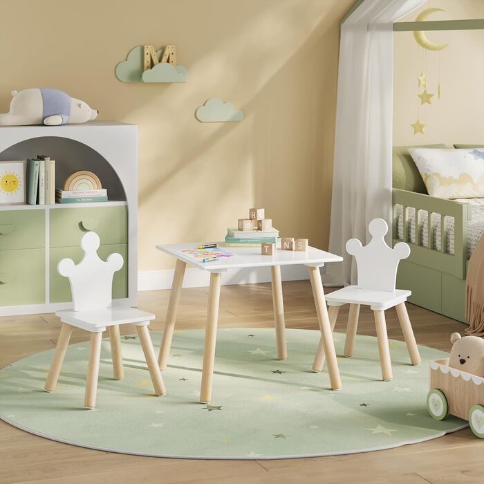 Дитячий стіл з 2 стільцями Woltu для дитячої кімнати, ігрової зони, садочка. Зручні стільці з підлокотниками. Комплект меблів з МДФ та масиву дерева, білий + світлий дуб. Квадратний стіл.