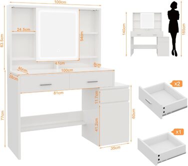Дзеркальний туалетний столик JUMMICO з LED-підсвічуванням (3 режими яскравості, 3 колірні температури), великий комод з 6 відділеннями, 2 ящиками, бічною шафкою та полицею, 117x40x140 см, білий
