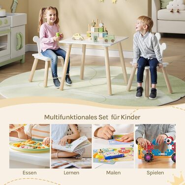 Дитячий стіл з 2 стільцями Woltu для дитячої кімнати, ігрової зони, садочка. Зручні стільці з підлокотниками. Комплект меблів з МДФ та масиву дерева, білий + світлий дуб. Квадратний стіл.