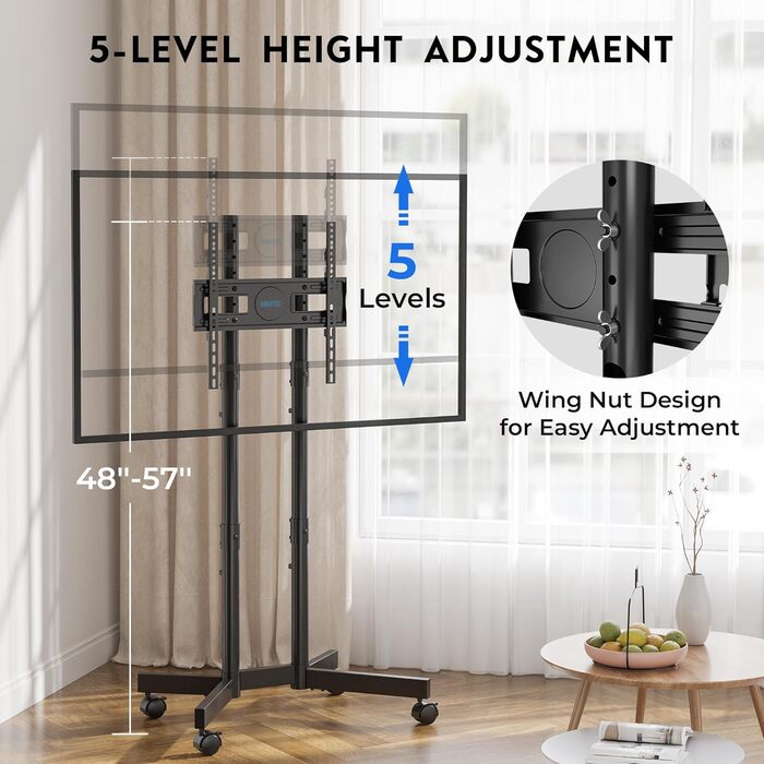 Мобільна підставка для телевізора BONTEC 32-70 дюймів, чорна, з колесами, регульована висота, VESA 400x400, до 50 кг, з кабельним каналом